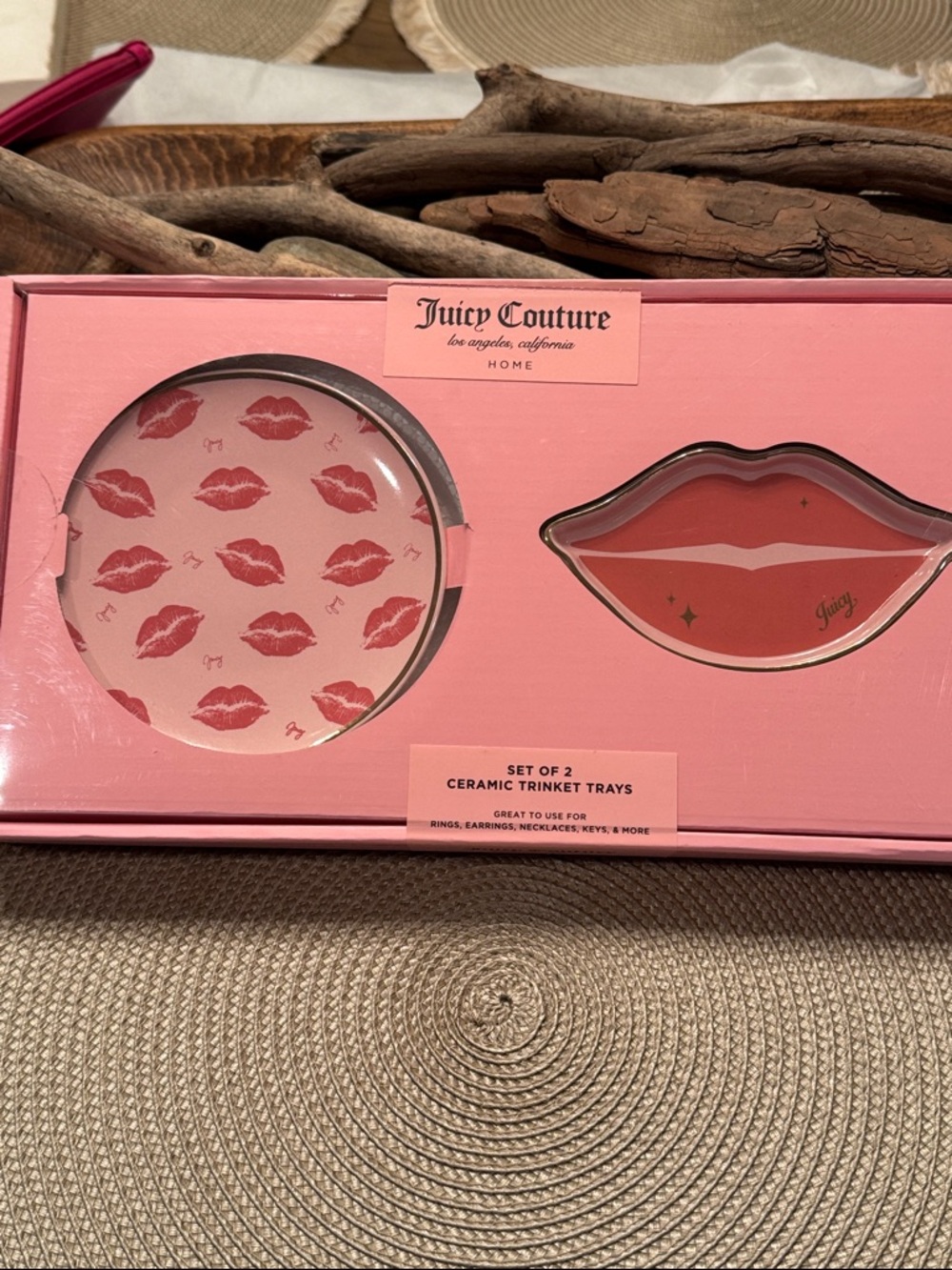 Juicy Couture Pink Kiss Print Ceramic Trinket Tray Duo
